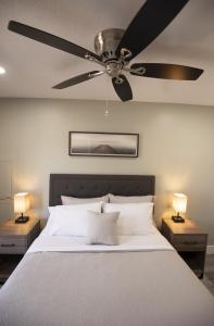 a bedroom with a white bed with a ceiling fan at The Overlook at Burdett Falls in Burdett