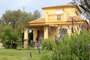 a yellow house with purple flowers in the foreground at Casa Villa El Olivar in Huelva