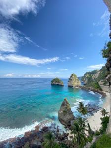 Cave Beach Bungalow في نوسا بينيدا: شاطئ في الفلبين مع أشجار النخيل والمحيط