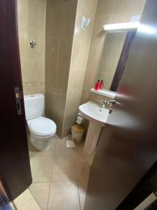 a bathroom with a toilet and a sink and a mirror at Lovely 1-bedroom Apartment with free Parking on premises in Ajman 