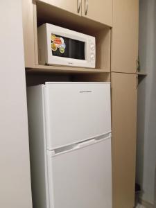 a white refrigerator with a microwave on top of it at Izmir Apartment in Baku