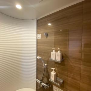 a bathroom with a toilet and two bottles on a shelf at GOKAYAMA BASE in Nanto