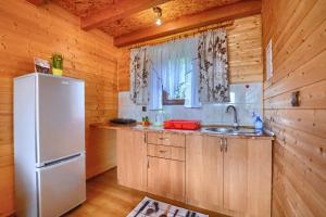 a kitchen with a white refrigerator and a sink at Domki nad Soliną CZARNY KOT 509-797-777 in Solina +37 photos