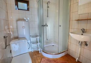 La salle de bains est pourvue d'une douche et d'un lavabo. dans l'établissement Domki nad Soliną CZARNY KOT 509-797-777, à Solina