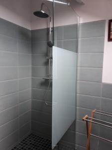 y baño con ducha y puerta de cristal. en Gite les Olivettes, en Vailhan