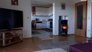 a living room with a television and a fire in a stove at FW Scheifele in Zwiesel