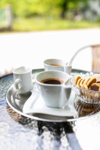 a tray with three cups of coffee and a bowl of cookies at APARTMA JANJA in Bovec