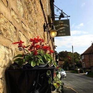 a flower pot on a wall with red flowers at Stay in Westow in Westow