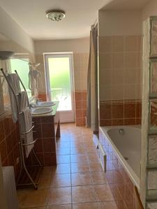 uma casa de banho com uma banheira e um lavatório e uma banheira em Chez Dume em Santa-Lucia-di-Tallano