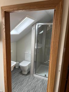 a bathroom with a shower and a toilet at Karrawa Guest House in Kirkwall