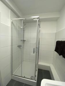 a shower with a glass door in a bathroom at Appartement No 5 in Weimar