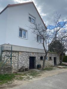 a white building with a tree in front of it at Ubytování Pod Mezu in Hlohovec