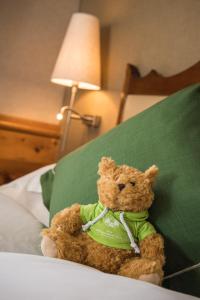 a teddy bear sitting on a bed with a green pillow at Riffelalp Resort 2222m in Zermatt