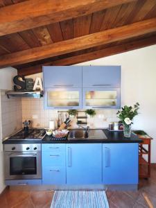 ヴェルナッツァにあるCinque Terre Sea Viewのキッチン(青いキャビネット、シンク付)