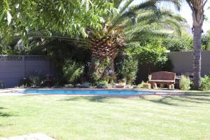 a yard with a pool with a bench and palm trees at Time & Again in Ceres