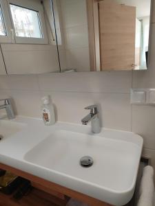 W łazience znajduje się biała umywalka i lustro. w obiekcie Glatz Haus Siegesbrunn w mieście Bad Waltersdorf