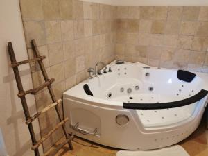 uma banheira na casa de banho com WC em La Bastide du Capelier - Gîte pour 4 personnes avec baignoire balnéothérapie em Salernes