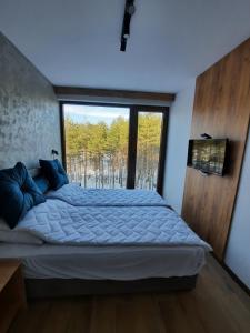 una camera da letto con un grande letto con una grande finestra di Apartman Milovanović a Divčibare