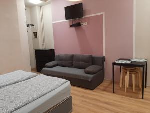 ein Wohnzimmer mit einem Sofa und einem Tisch in der Unterkunft Downtown Apartments Budapest in Budapest