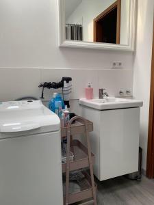 ein Bad mit einem Waschbecken und einem Spiegel in der Unterkunft Ferienhaus Lilly am Silbersee in Frielendorf