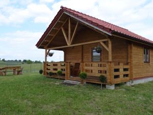 a log cabin in a field of grass at Domki na zaciszu w Rynie in Ryn