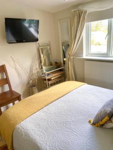 a bedroom with a bed with a television on the wall at Stunning ANNEXE 1 luxury bedroom, eating area & bathroom only! in Truro