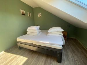 a bed in a room with green walls at Ferienwohnung An der Spitze in Winterberg