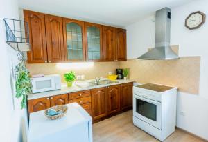 a kitchen with wooden cabinets and a white stove top oven at DREAM Bled Apartments in Bled