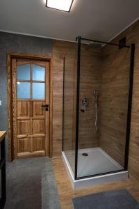 a bathroom with a shower with a glass door at Apartamenty Na Szlaku in Iwonicz-Zdrój