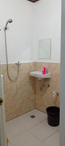 a bathroom with a shower and a sink and a mirror at Seashore Inn in Siquijor