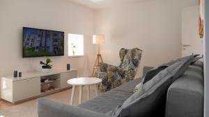 uma sala de estar com um sofá e uma televisão em Sunnyside Apartment in the City Center em Ljubljana