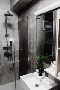 La salle de bains est pourvue d'un lavabo et d'une douche. dans l'établissement RIVA Szeged, à Szeged