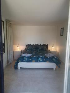 1 dormitorio con 1 cama y 2 lámparas en 2 mesas en Chambres d'Hôtes Le Mas du Bijou Bleu, en Puget-sur-Argens