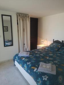 1 dormitorio con 1 cama con manta azul y espejo en Chambres d'Hôtes Le Mas du Bijou Bleu, en Puget-sur-Argens