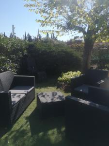 a yard with two chairs and a tree at Le Mas du Bijou Bleu in Puget-sur Argens