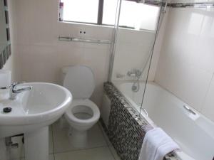 a bathroom with a sink and a toilet and a tub at River View Villa Self Catering in Francistown +12 photos