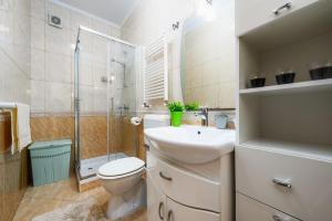 łazienka z toaletą, umywalką i prysznicem w obiekcie BOŽICA House with apartments w mieście Murine +30 zdjęć