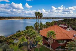 an aerial view of a house with palm trees and a lake at Montargil Monte Novo in Montargil