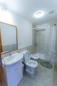 ein Badezimmer mit Toilette, Waschbecken und Dusche in der Unterkunft MODERNO DEPARTAMENTO CON VISTA AL LAGO in San Carlos de Bariloche