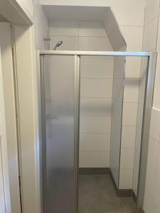 uma cabina de duche ao nível do chão com uma porta de vidro na casa de banho em Appartements in der Kornstraße em Bremen