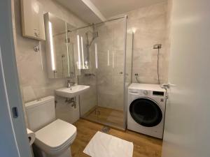 een badkamer met een toilet, een wastafel en een wasmachine bij Hidden Gem in Belgrado