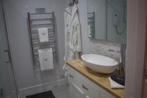 a bathroom with a white sink and a shower at Creekside Lodge Bathpool Launceston Cornwall in Launceston