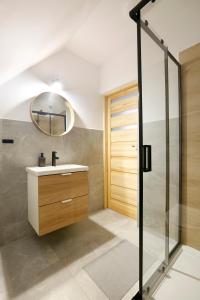 a bathroom with a sink and a mirror at Willa Widok in Sromowce Niżne