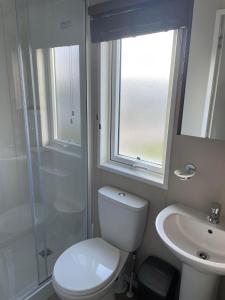 a bathroom with a toilet and a sink and a shower at Mulberry Prestige Holiday Home in Skegness