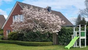 einem Magnolienbaum vor einem Haus mit grüner Rutsche in der Unterkunft Ferienwohnung Ammerland-Blüte in Westerstede