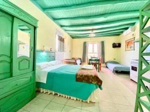 a bedroom with a bed and a green ceiling at Cabañas El Naranjo in San Rafael