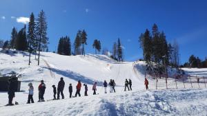 a group of people standing on a snow covered slope at Kallioranta Cottage in Ruokolahti