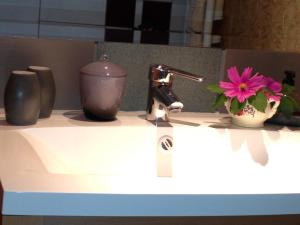 a sink with a faucet and a pink flower on it at Chambre d'hôtes du Moulin de Landonvillers in Courcelles-Chaussy