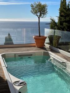 a swimming pool with a potted tree on a deck at Villa Eze Vue Mer in Èze