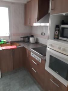 a kitchen with a stove and a microwave at habitación pequeña en piso compartido con 2 adultos y 1 perrito in Valencia